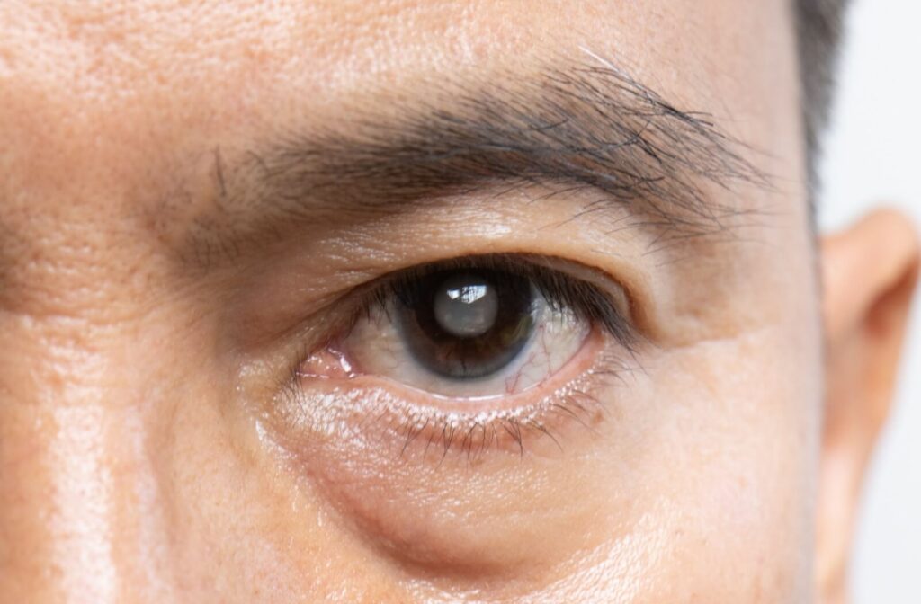 A close-up image of a person's eye with a cataract causing a cloudy lens.