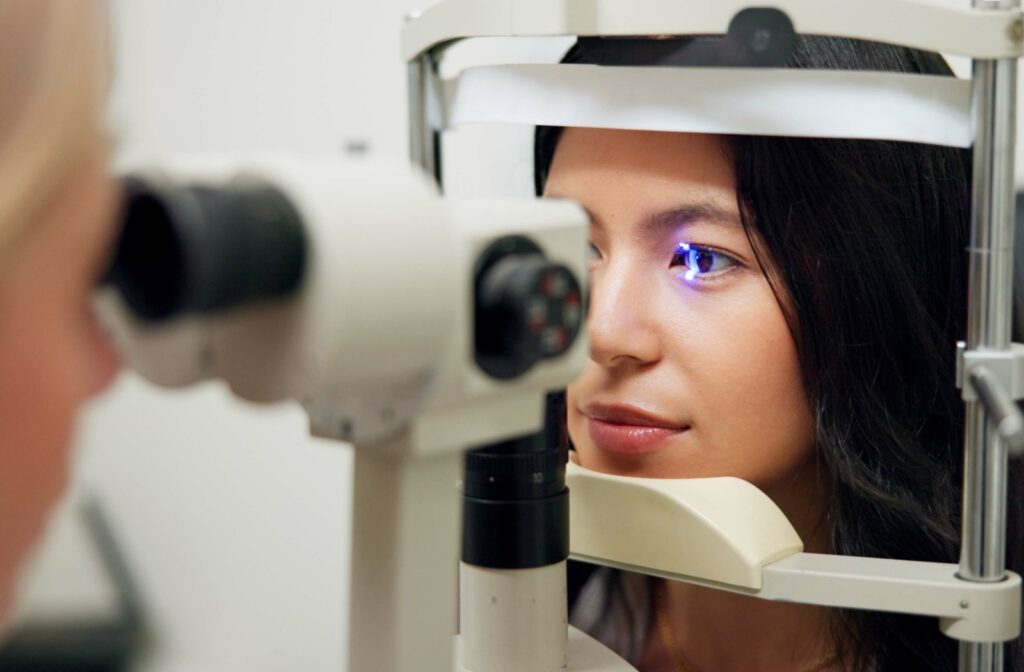 Patient undergoing an eye exam to check for glaucoma and other eye conditions.